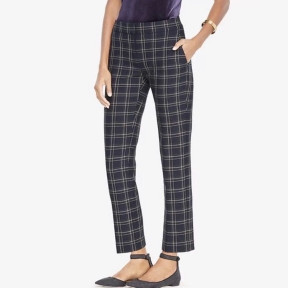 Ann Taylor Plaid Trouser Ankle Pants Devin Fit Navy Blue Yellow Academia Sz 8